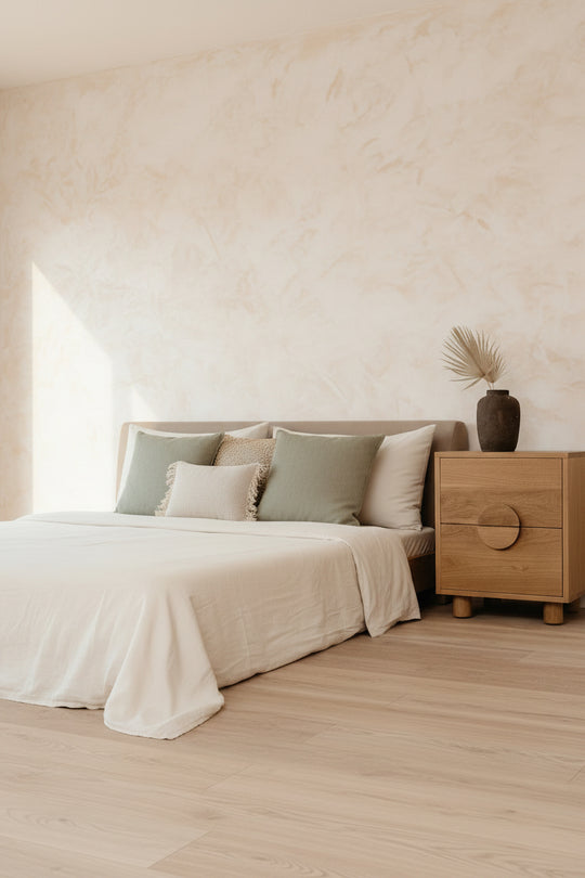 Eclipse nachtkastje van naturel teakhout in slaapkamer