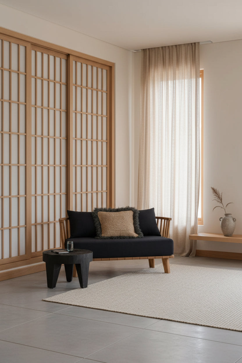 Zwarte Madero salontafel in een rustig Japandi woonkamer.