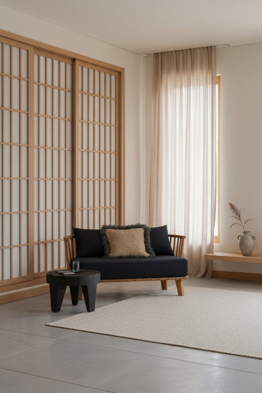 Zwarte Madero salontafel in een rustig Japandi woonkamer.