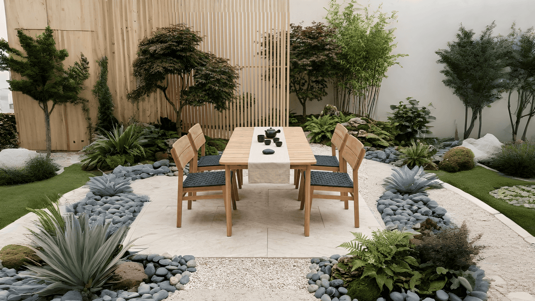 Japandi veranda met houten tuinset van acaciahout en rustige uitstraling