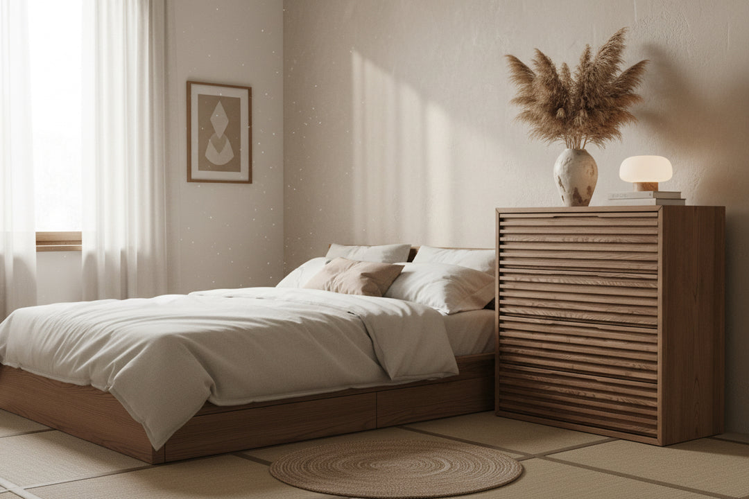 Essenhouten ladekast met 5 lades in Roux afwerking en Japandi design in de slaapkamer
