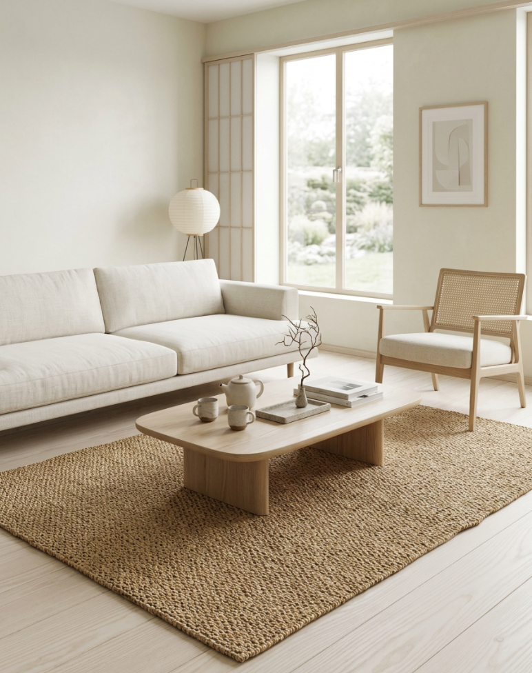 Natuurlijk sisal vloerkleed 240x180 cm met warme aardetint in een Japandi woonkamer