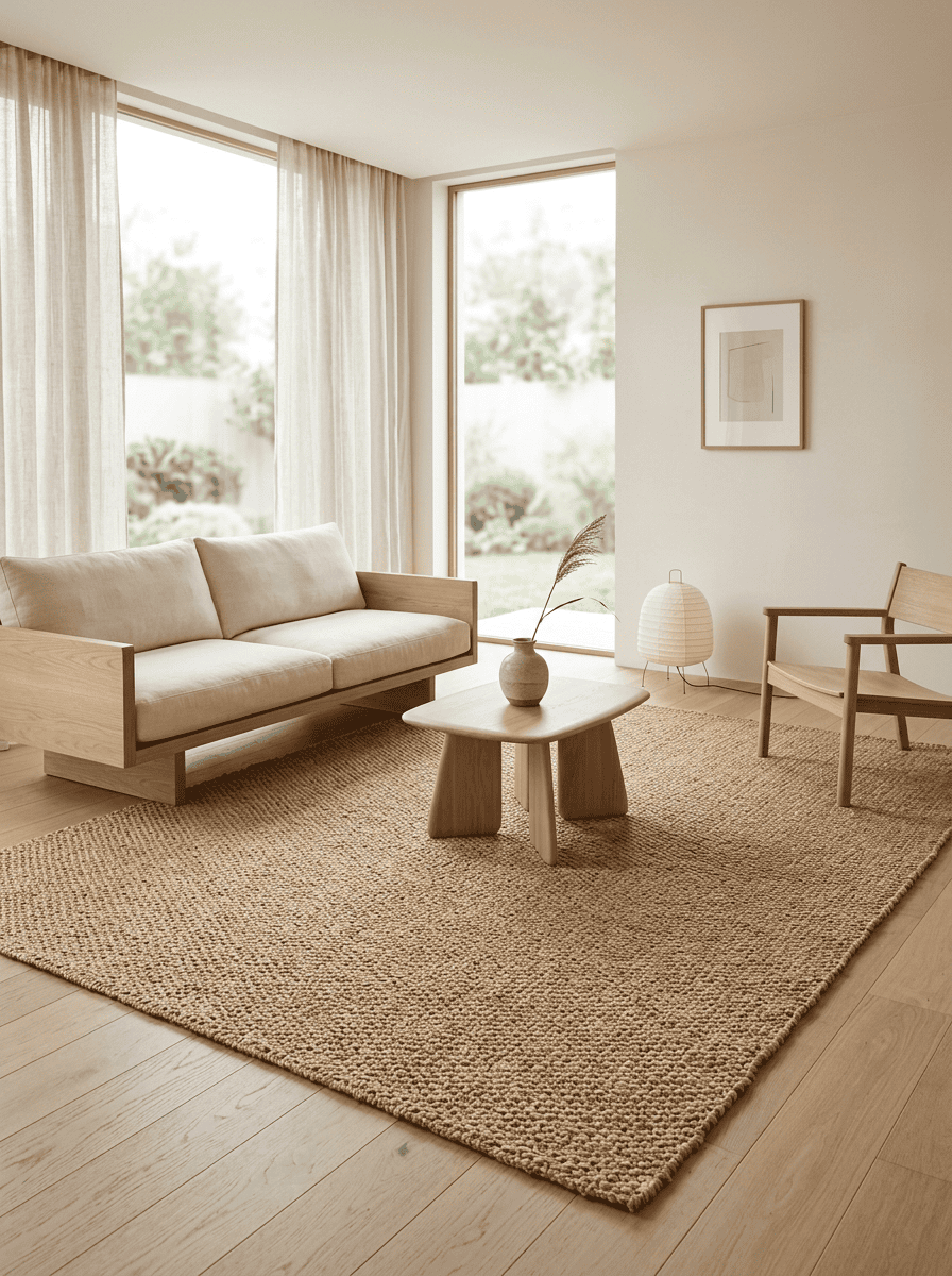 Natuurlijk sisal vloerkleed als basis van een warm Japandi interieur