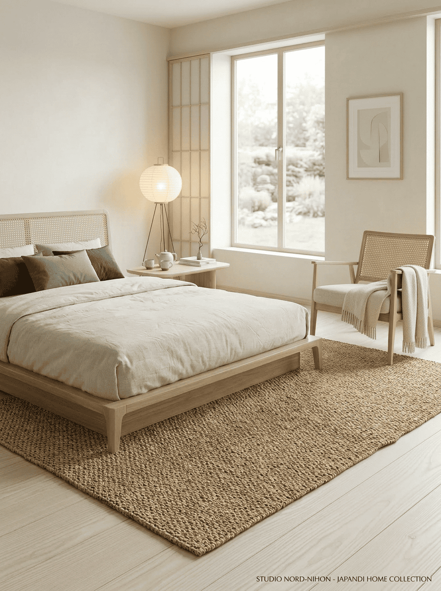 Geweven sisal vloerkleed van natuurlijke vezels in een serene slaapkamer