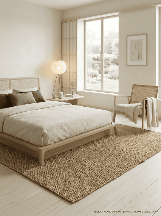 Geweven sisal vloerkleed van natuurlijke vezels in een serene slaapkamer