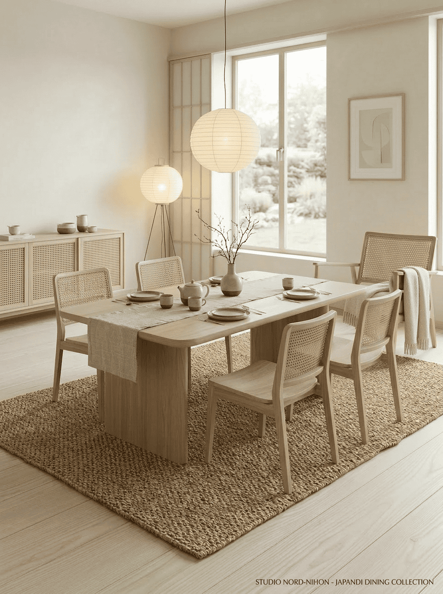 Japandi eetkamer met sisal vloerkleed in warme natuurlijke tinten