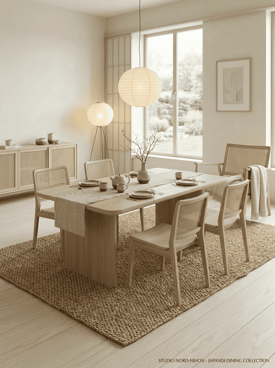 Japandi eetkamer met sisal vloerkleed in warme natuurlijke tinten