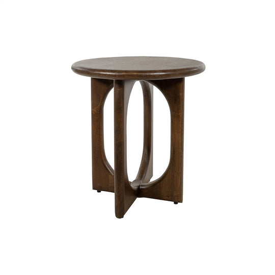 Ronde bijzettafel van mango hout in bruin walnootkleur met uniek sculpturaal design onderstel.