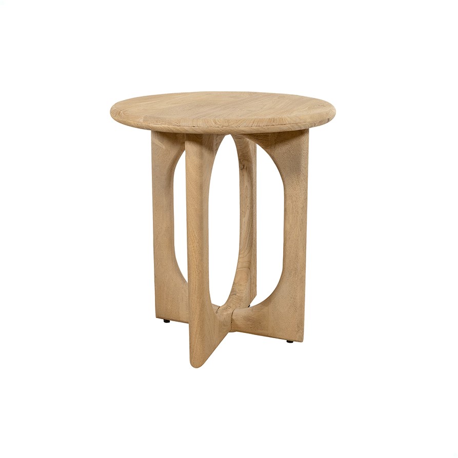 Ronde houten bijzettafel met sculpturale poot in natuurlijke houtkleur