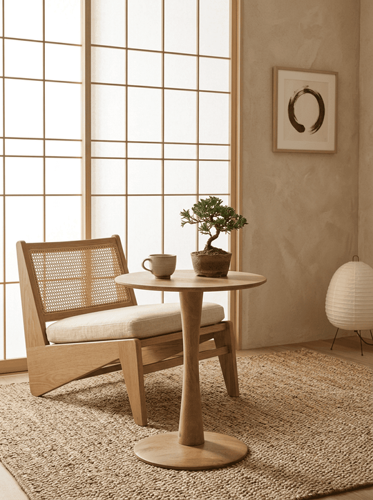 Ginger bijzettafel in Japandi stijl geplaatst naast een fauteuil in een warme, serene woonruimte.