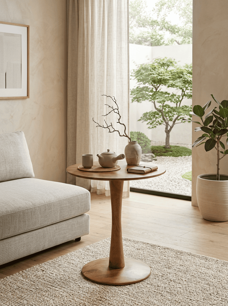 Ronde Ginger bijzettafel van hout als stijlvolle eyecatcher in een modern Japandi interieur.