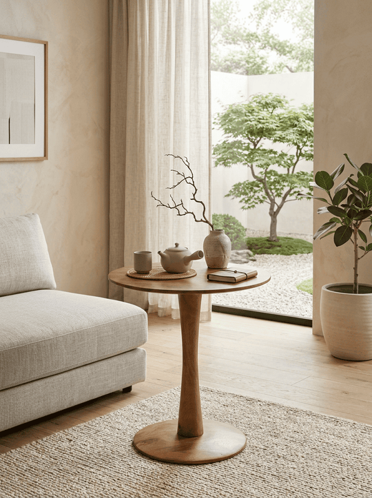 Ronde Ginger bijzettafel van hout als stijlvolle eyecatcher in een modern Japandi interieur.