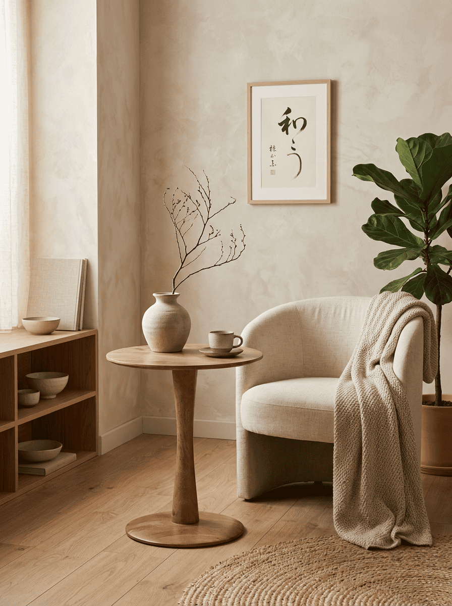Houten Ginger bijzettafel in Japandi interieur met zachte aardetinten en organische vormen.