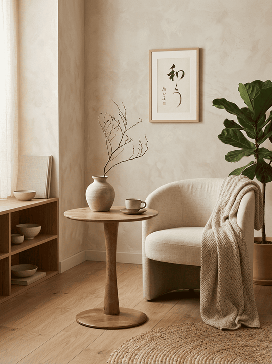 Houten Ginger bijzettafel in Japandi interieur met zachte aardetinten en organische vormen.