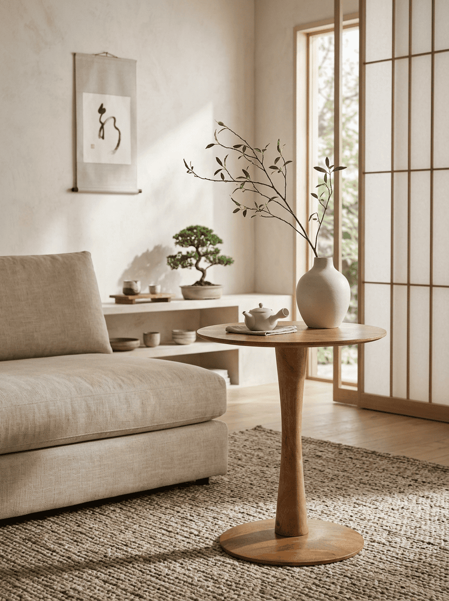 Ginger Japandi bijzettafel naast een lichte bank in een rustige, minimalistische woonkamer.