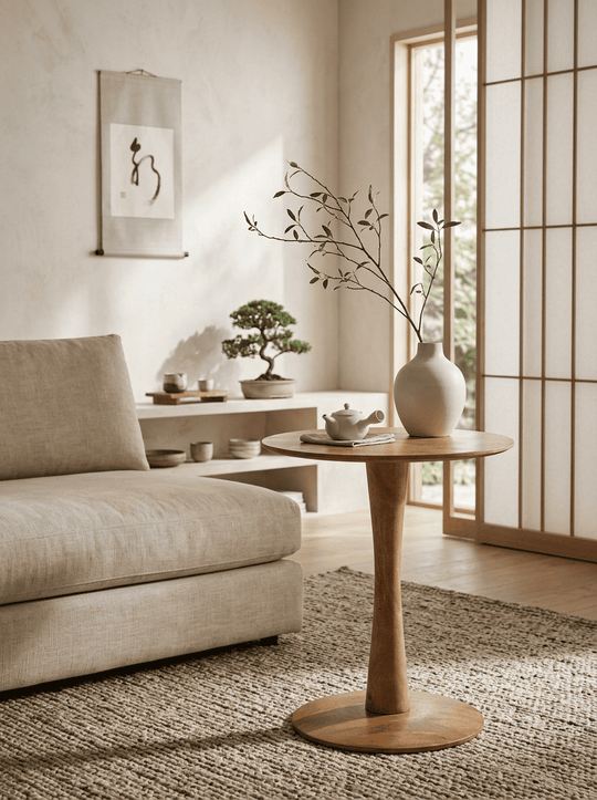 Ginger Japandi bijzettafel naast een lichte bank in een rustige, minimalistische woonkamer.