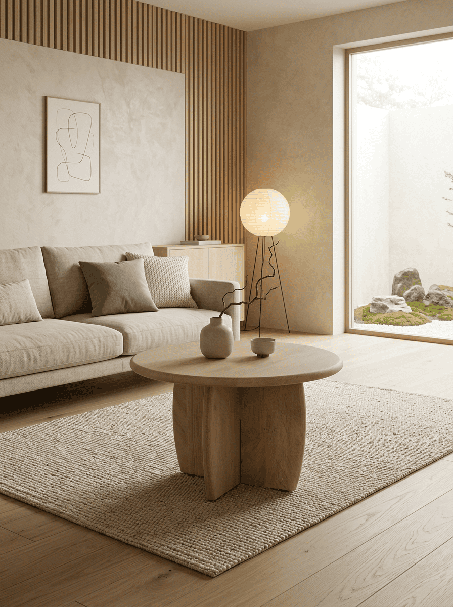 Ronde bijzettafel van acaciahout in een serene woonkamer met natuurlijke materialen