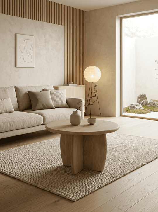 Ronde bijzettafel van acaciahout in een serene woonkamer met natuurlijke materialen