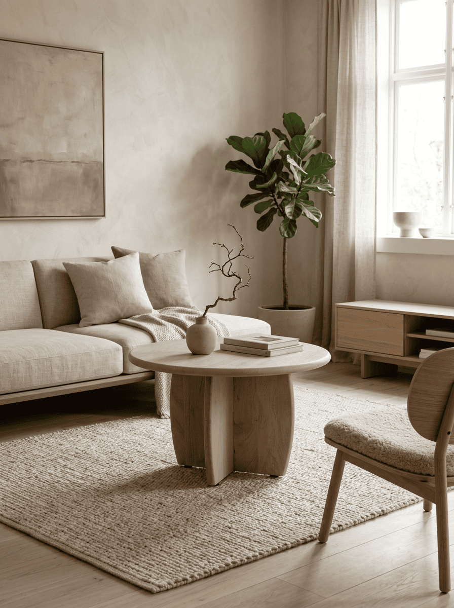 Japandi woonkamer met ronde bijzettafel van natuurlijk hout