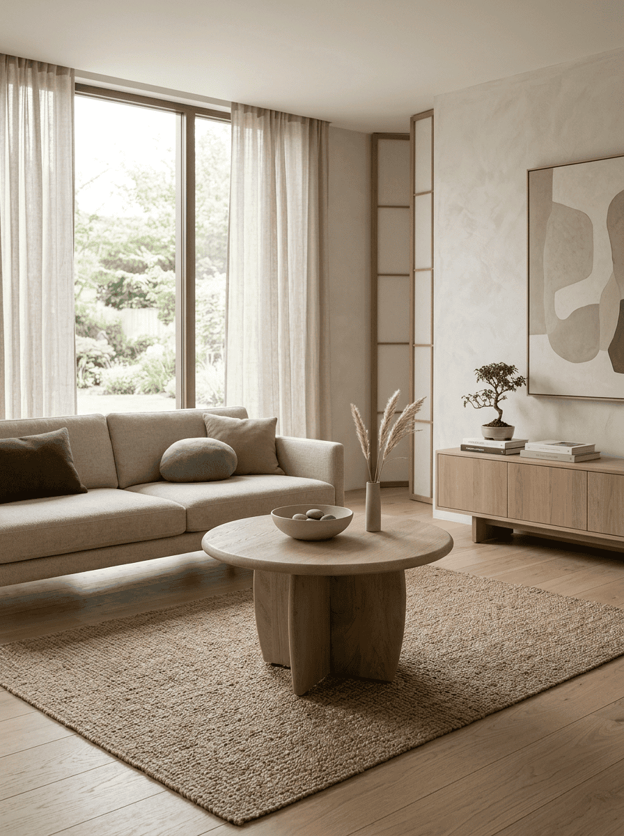 Compacte houten bijzettafel met ronde vorm voor Japandi interieur