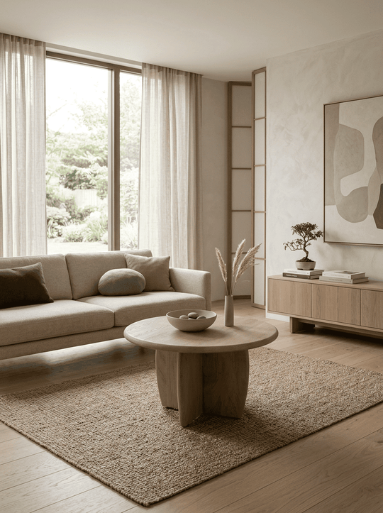 Compacte houten bijzettafel met ronde vorm voor Japandi interieur