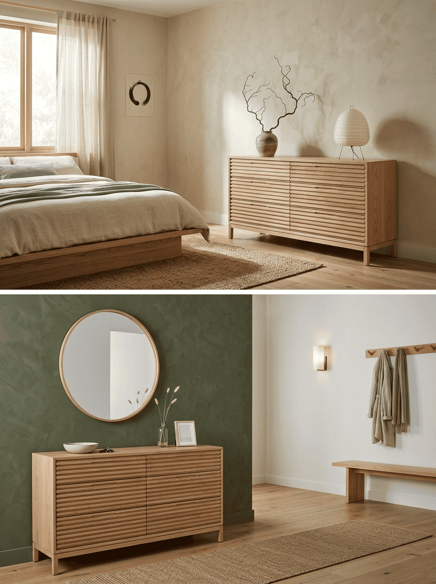 Houten Tanner ladekast met lattenfront in Japandi interieur
