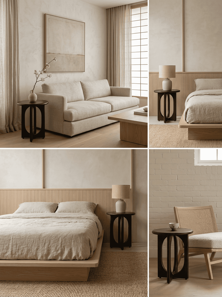 Walnootkleurige mango houten bijzettafel naast een bed in een warme en rustgevende interieur.