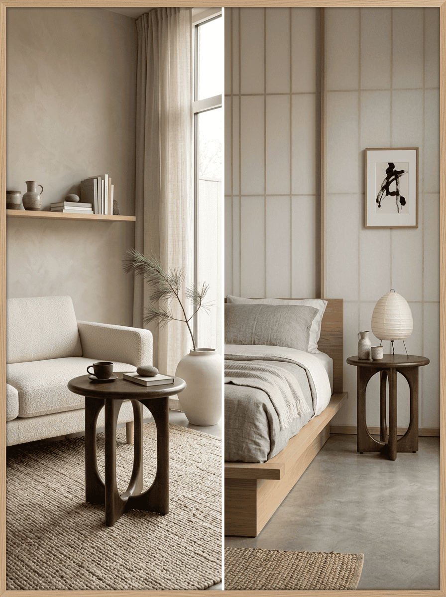 Mango houten bijzettafel in walnootkleur als stijlvolle toevoeging aan een modern Japandi interieur.