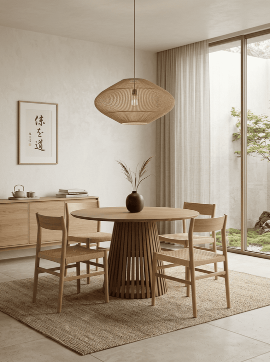 Acaciahouten eettafel met warme houttint in een minimalistisch Japandi interieur
