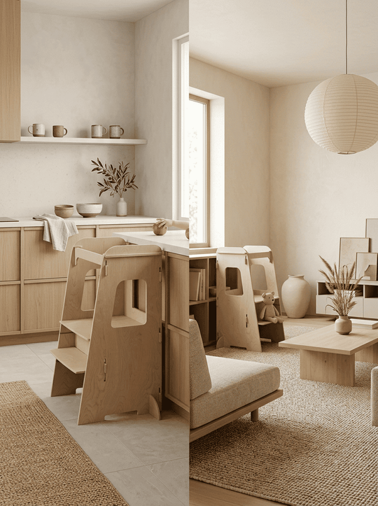 Duurzame Montessori leertoren van hout met natuurlijke houtkleur