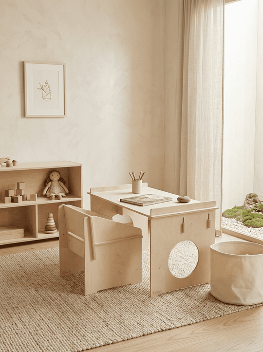 Japandi houten kindertafel met stoel Athene C3 voor creatief spelen, knutselen en zelfstandig leren.