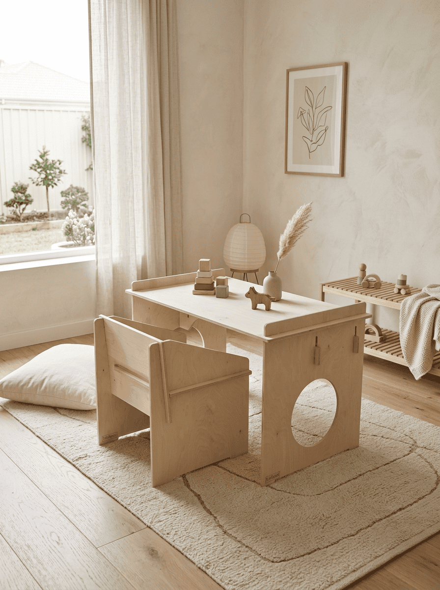 Houten kindertafel met stoel Athene C3 als inspirerende speel- en leerplek in een modern Japandi interieur.
