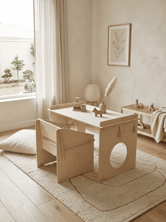 Houten kindertafel met stoel Athene C3 als inspirerende speel- en leerplek in een modern Japandi interieur.