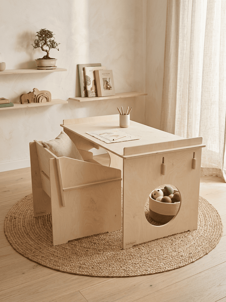 Easyclick Athene C3 kindertafel met stoel in een rustige Japandi kinderkamer met natuurlijke materialen en zachte kleuren.