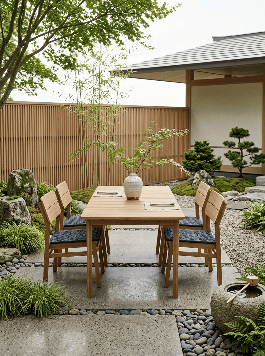 Jala Garden Dining Set 5-delig van acaciahout met antraciet rope stoelen in een Japandi stijl tuin