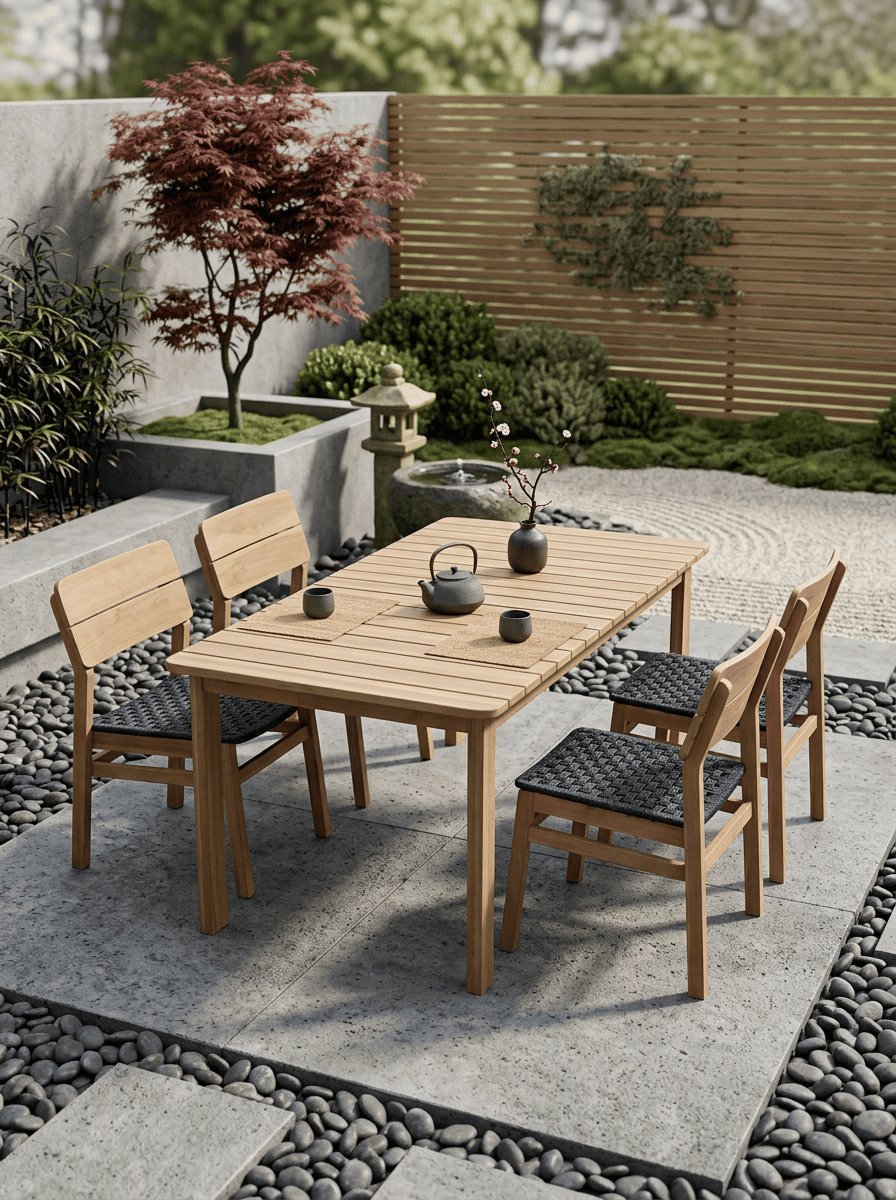 Jala tuinset van acaciahout in een rustige Japandi tuin
