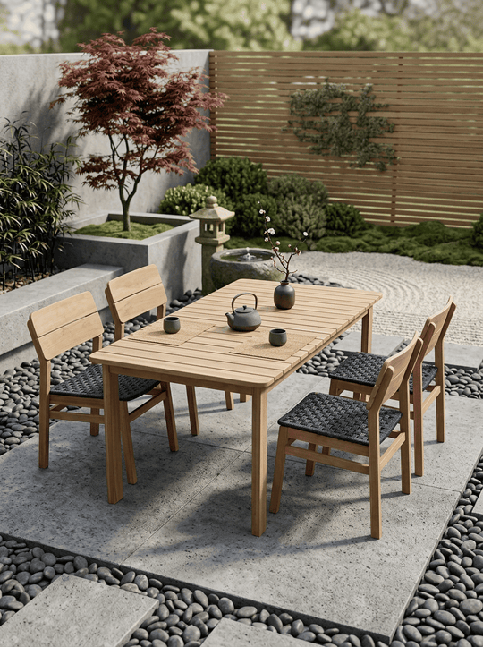 Jala tuinset van acaciahout in een rustige Japandi tuin