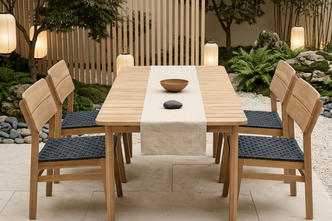 Jala tuinset van acaciahout op een Japandi veranda met natuurlijke materialen