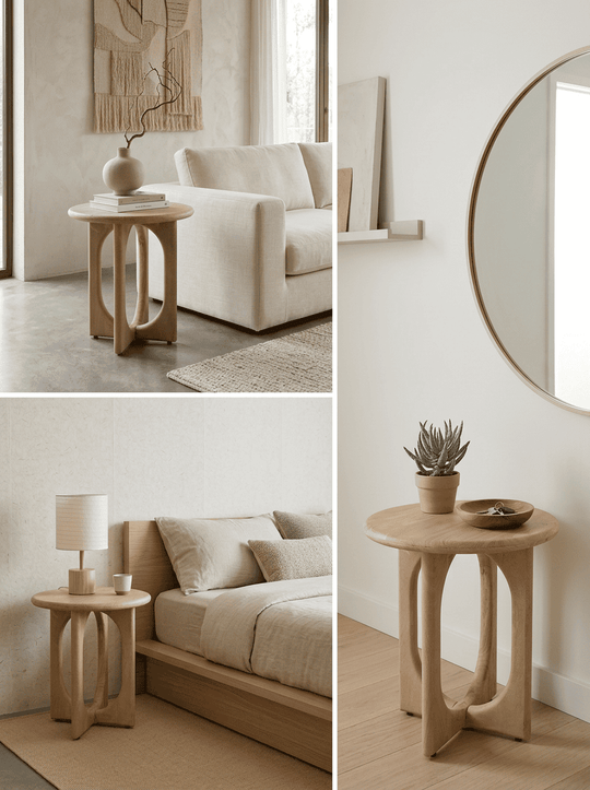 Houten Japandi bijzettafel in een minimalistische interieur 