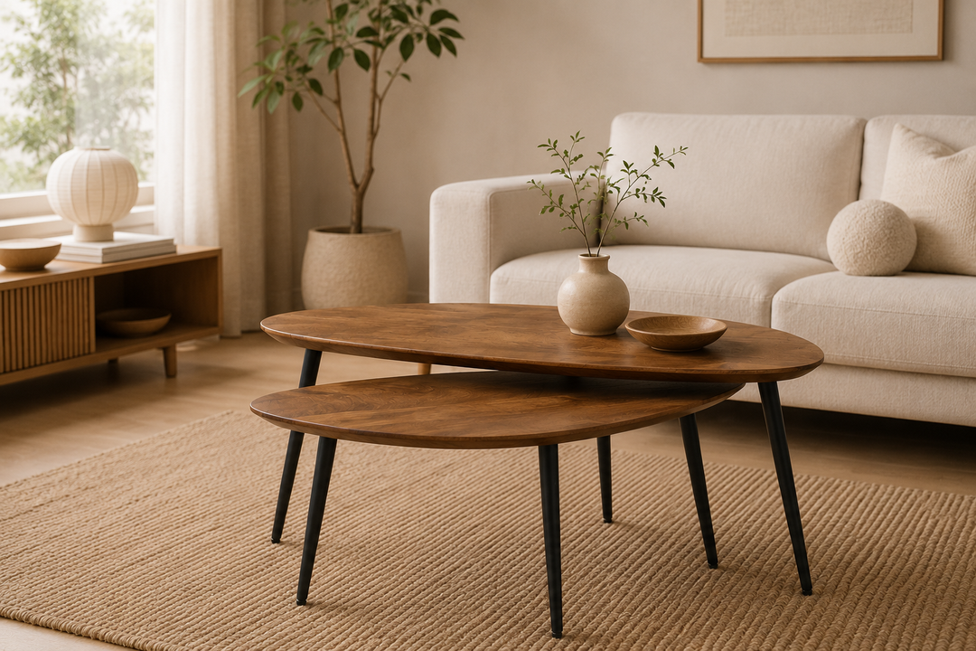 Organische salontafelset Ginger in een minimalistisch Japandi interieur met warme houttinten