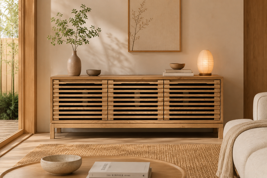 Tanner tv-meubel in een Japandi minimalistische woonkamer
